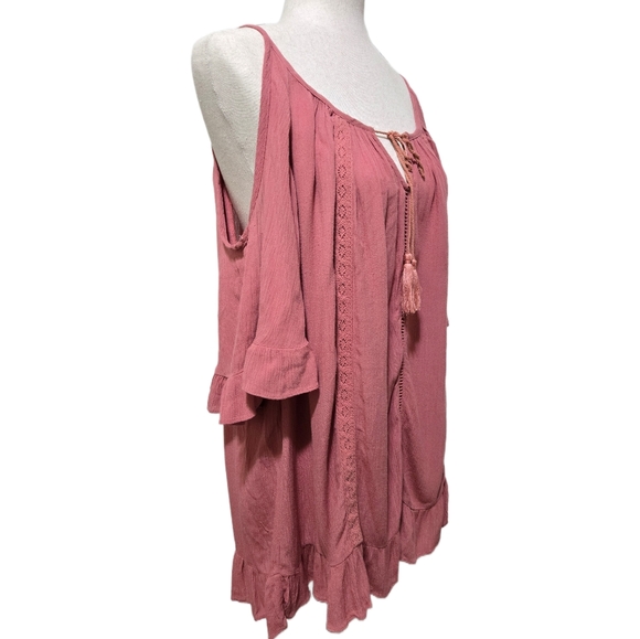 Knox Rose Dusty Rose Cold Shoulder Boho Top With Tassel Tie And Lace Size Medium - Picture 7 of 12